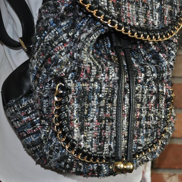 Call It Spring Tweed Woven Gold Chain Bling Backpack - Picture 5 of 11